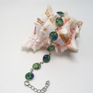 Peacock print photo glass chain link bracelet in silver tone setting - NEW